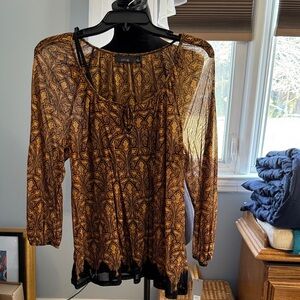Apt. 9 Sheer Brown and Black Patterned Long-Sleeve Blouse